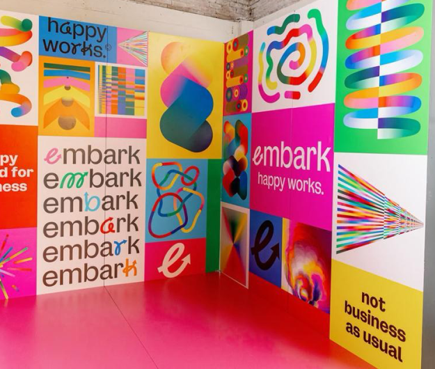 Colorful exhibition wall with creative brand displays